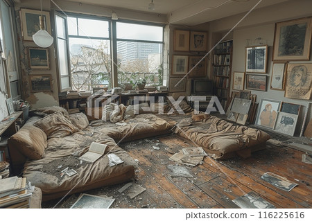 Messy living room with sofa and TV after earthquake 116225616