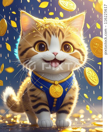 A cat is happy as coins fall from the sky 116225617