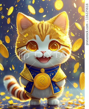 A cat is happy as coins fall from the sky 116225618
