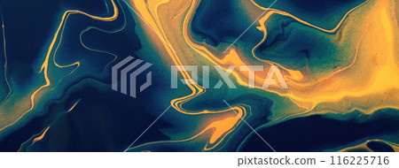 Abstract fluid art background navy blue and golden colors. Liquid marble. Acrylic painting with yellow gradient Abstract fluid art background navy blue and golden colors. Liquid marble. Acrylic painting with yellow gradient 116225716