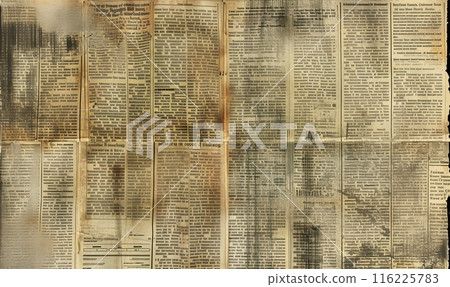 Vintage news background. Textured newsprint collage. Grey newspaper wallpaper. Old dirty paper. Abstract scratch backdrop. Retro grunge pattern 116225783
