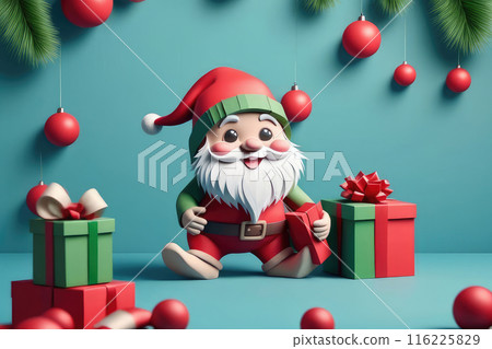 Paper style Christmas Card, cute Christmas gnom wearing red hat and holding red green presents on blue background. Paper style Christmas Card, cute Christmas gnom wearing red hat and holding red green presents on blue background. 116225829