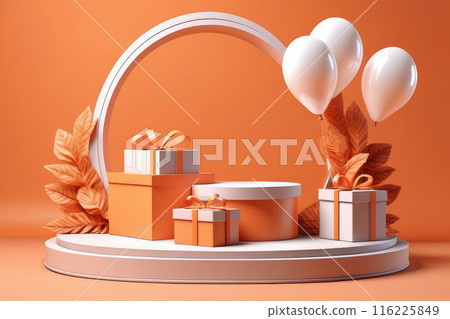 Happy promotion sale concept and balloons, leaves maple, elements for autumn sale mock up decoration on a orange background. 116225849