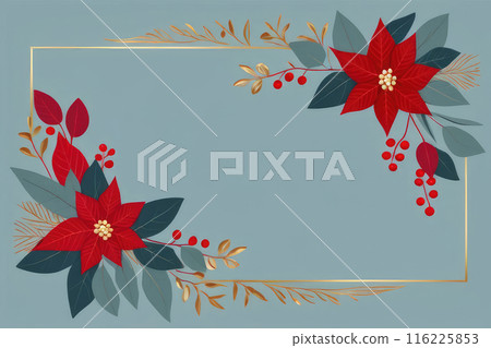 Holiday frame with eucalyptus branches, poinsettia and gold line plant on pastel blue background. 116225853