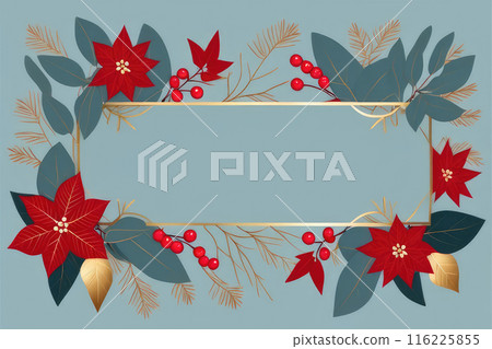 Holiday frame with eucalyptus branches, poinsettia and gold line plant on pastel blue background. 116225855