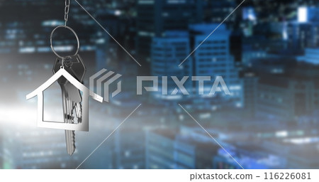 Image of hanging house keys against aerial view of cityscape with tall buildings at night Image of hanging house keys against aerial view of cityscape with tall buildings at night 116226081