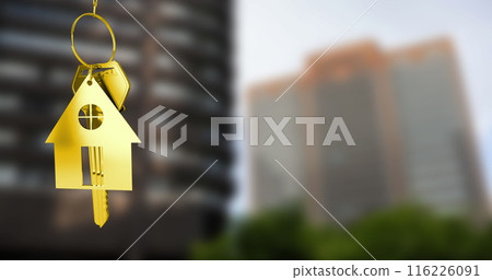 Image of golden key and house over cityscape 116226091