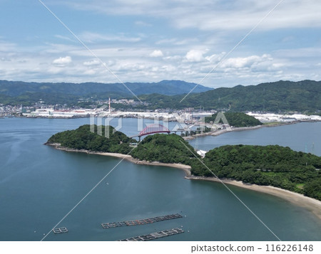 Red bridge connecting the island and Honshu (magnification 2) drone aerial photography Red bridge connecting the island and Honshu (magnification 2) drone aerial photography 116226148