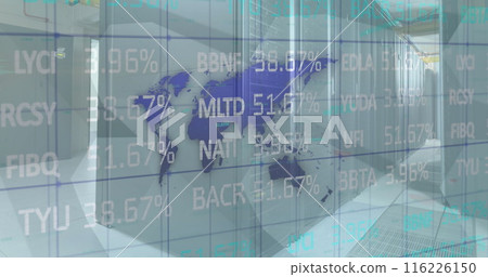 Image of stock market data data processing over world map against computer server room 116226150