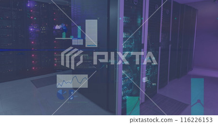 Image of screens with statistical data processing against computer server room 116226153