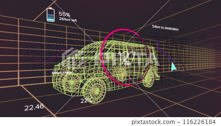 Image of loading circle with numbers and battery icon over 3d model of van against grid pattern Image of loading circle with numbers and battery icon over 3d model of van against grid pattern 116226184