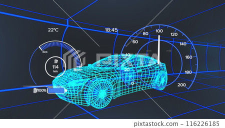 Image of car interface over digital car on black background Image of car interface over digital car on black background 116226185