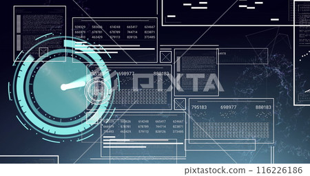 Image of neon ticking clock and arrow icons against interface with data processing Image of neon ticking clock and arrow icons against interface with data processing 116226186