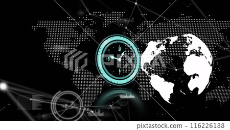 Image of neon ticking clock and network of connections against world map and spinning globe 116226188