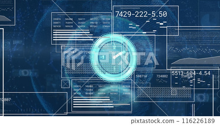 Image neon ticking clock and interfaces with data processing over globe on blue background 116226189
