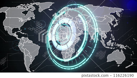 Image of neon round scanner and network of connections against light spot over world map 116226190