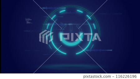 Image of neon round scanner and light trails over data processing on blue background 116226196