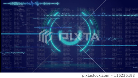 Image of neon round scanner and light trails over data processing on blue background Image of neon round scanner and light trails over data processing on blue background 116226198