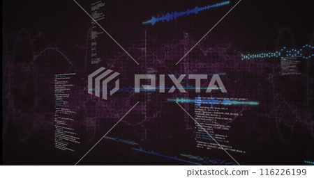 Image of data processing over purple digital wave against purple background Image of data processing over purple digital wave against purple background 116226199