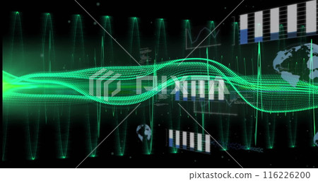 Image of green digital wave and light spot over statistical data processing on black background Image of green digital wave and light spot over statistical data processing on black background 116226200