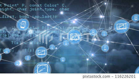 Image of connected icons and illuminated dots over computer language and dense clouds Image of connected icons and illuminated dots over computer language and dense clouds 116226201