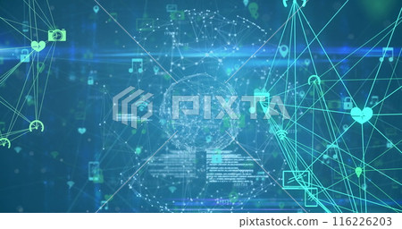 Image of connected icons and dots forming globes against abstract background 116226203