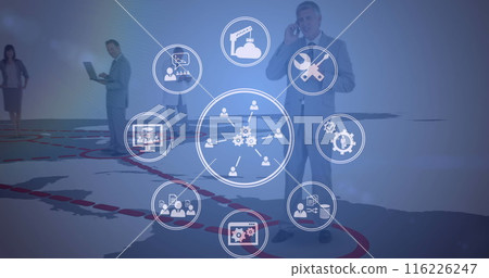 Image of digital icons spinning over diverse businesspeople working over a world map Image of digital icons spinning over diverse businesspeople working over a world map 116226247