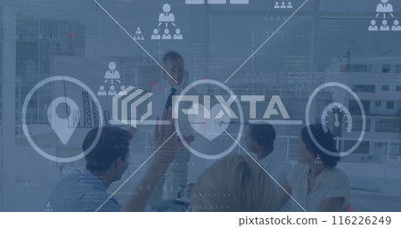 Image of digital icons over caucasian senior businessman giving a presentation at office Image of digital icons over caucasian senior businessman giving a presentation at office 116226249