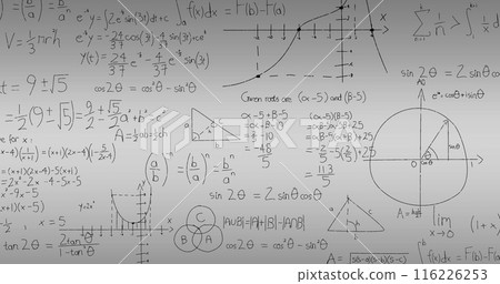 Image of mathematical equations and diagrams against abstract background Image of mathematical equations and diagrams against abstract background 116226253