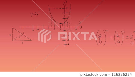 Image of mathematical data processing on red background Image of mathematical data processing on red background 116226254