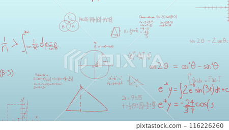 Image of handwritten mathematical formulae over blue to purple background 116226260