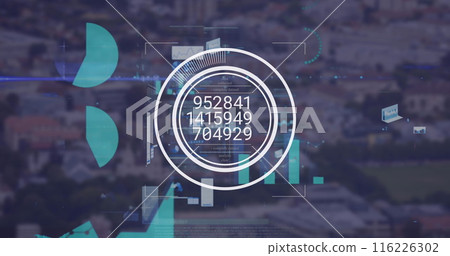 Image of financial data processing over cityscape 116226302