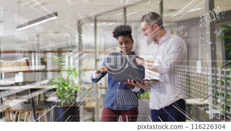 Image of financial data processing over diverse business people Image of financial data processing over diverse business people 116226304