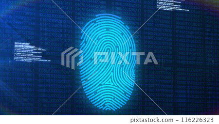 Image of biometric fingerprint scanner and data processing against blue background 116226323