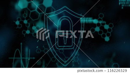 Image of security padlock icon, chemical structures and data processing against blue background Image of security padlock icon, chemical structures and data processing against blue background 116226329