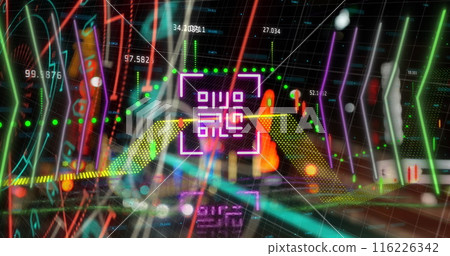 Image of neon qr code scanner and financial data processing against night city traffic Image of neon qr code scanner and financial data processing against night city traffic 116226342
