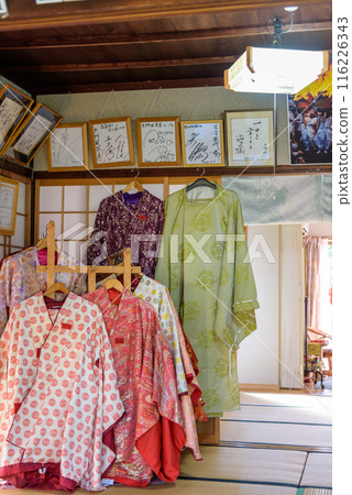 Traditional Heian Period costumes for rent at the Daimonzaka rest area in Kumano Kodo Pilgrimage Route in Wakayama prefecture of Japan Traditional Heian Period costumes for rent at the Daimonzaka rest area in Kumano Kodo Pilgrimage Route in Wakayama prefecture of Japan 116226343