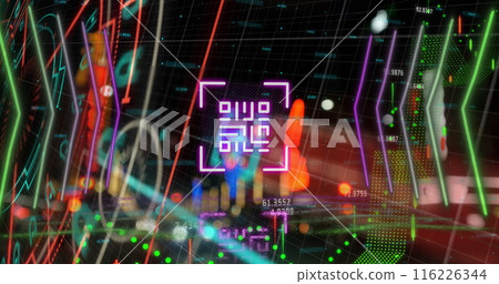 Image of neon qr code scanner and financial data processing against night city traffic Image of neon qr code scanner and financial data processing against night city traffic 116226344