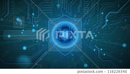 Image of padlock in shield over circles against circuit board pattern on blue background 116226348