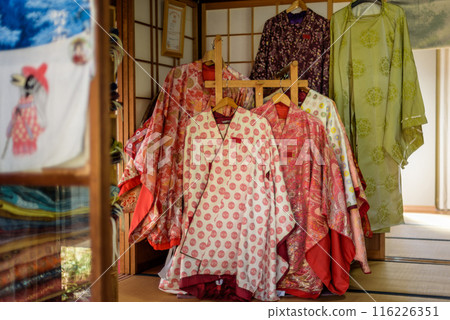 Traditional Heian Period costumes for rent at the Daimonzaka rest area in Kumano Kodo Pilgrimage Route in Wakayama prefecture of Japan Traditional Heian Period costumes for rent at the Daimonzaka rest area in Kumano Kodo Pilgrimage Route in Wakayama prefecture of Japan 116226351