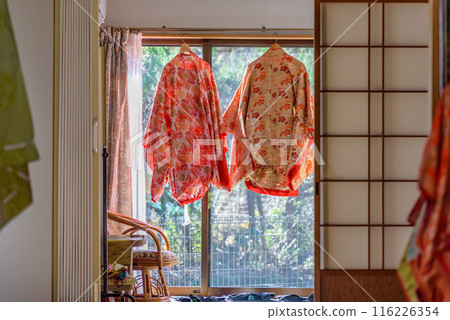 Traditional Heian Period costumes for rent at the Daimonzaka rest area in Kumano Kodo Pilgrimage Route in Wakayama prefecture of Japan Traditional Heian Period costumes for rent at the Daimonzaka rest area in Kumano Kodo Pilgrimage Route in Wakayama prefecture of Japan 116226354