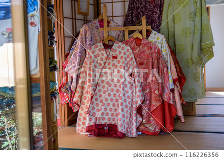 Traditional Heian Period costumes for rent at the Daimonzaka rest area in Kumano Kodo Pilgrimage Route in Wakayama prefecture of Japan 116226356