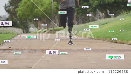 Image of notifications, low section of african american man with prosthetic leg running in park Image of notifications, low section of african american man with prosthetic leg running in park 116226388