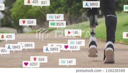 Image of notifications, low section of african american man with prosthetic leg jogging in park Image of notifications, low section of african american man with prosthetic leg jogging in park 116226389