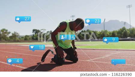 Image of notification, african american man with prosthetic leg kneeling on track and screaming Image of notification, african american man with prosthetic leg kneeling on track and screaming 116226390
