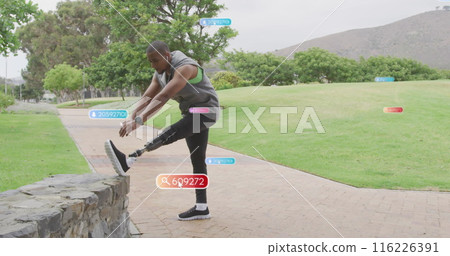 Image of social media notifications, african american man with prosthetic leg exercising in park Image of social media notifications, african american man with prosthetic leg exercising in park 116226391