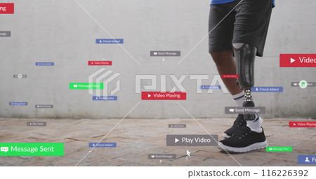 Image of notification bars over african american man with prosthetic leg standing on path Image of notification bars over african american man with prosthetic leg standing on path 116226392