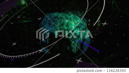 Image of circles over illuminated globe against black background Image of circles over illuminated globe against black background 116226393