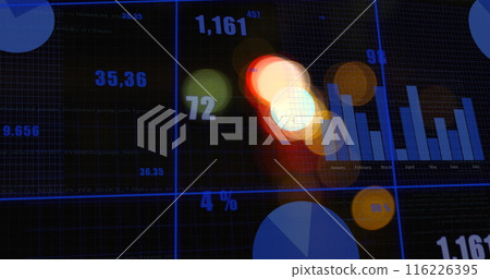 Image of statistical data processing on grid network against spots of light on black background Image of statistical data processing on grid network against spots of light on black background 116226395