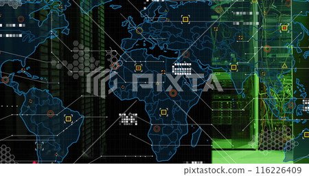 Image of world map and data processing against computer server room Image of world map and data processing against computer server room 116226409